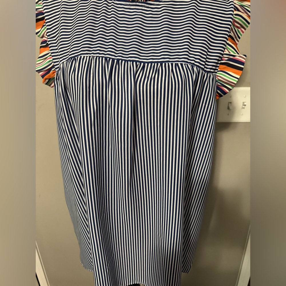 Striped Blue and Multicolor Ruffle Top - Picture 5 of 8